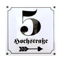 Emaillehausnummer mit Wunschtext und Pfeil 25 x 25 cm