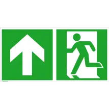 Fluchtweg-Kombischild »Notausgang links mit Zusatzzeichen: Richtungsangabe aufwärts bzw. geradeaus«