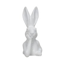 Dekoaufsteller Hase aus Polyresin weiß - rechte Hand unterm Kinn