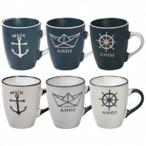 Maritime Tasse aus Steingut, mit Henkel, 350ml - blau/weiß, 3 Motive wählbar "weiß Papierboot, Ahoi"