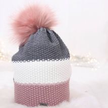 Strickmütze Colourblock altrosa weiß grau mit Bommel ""