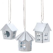 Dekoration zum hängen "Vogelhaus weiß gewischt" in drei Ausführungen Haus mit rundem Fenster