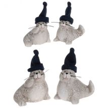 Seehundfigur mit blauer Textilmütze - versch. Ausführungen groß, auf der Seite liegend