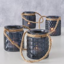 Windlicht Trax aus Glas mit Kordel - dunkelgrau, kleine Quadrate Streifen