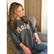 Pullover MOIN Halbarm mit Fransen anthrazit/beige