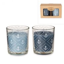 Windlicht transparent/weiß aus Glas 2er Set mit Wachs in hellbau & dunkelblau ""