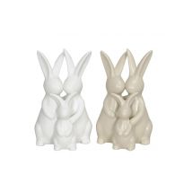 Dekofigur Hasenpaar mit Kind aus Porzellan einander zugewandt - zwei Farben beige