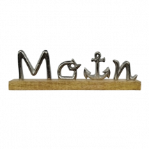 Schriftzug Moin aus Aluminium auf Mangoholz - O und I im maritimen Design