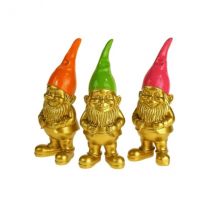 Dekofigur goldener Zwerg mit farbiger Mütze H21 cm - drei Farben pink