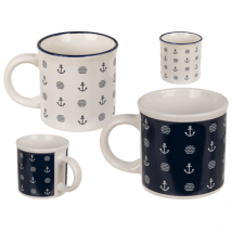 Maritime Tasse aus Steingut mit Ankern und Wellen in zwei Farben "blau, weiße Symbole"