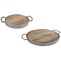 Rundes Tablett mit Griff aus Mangoholz und Aluminium in zwei Größen groß