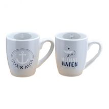 Maritime Tasse aus Steinzug - bauchig, zweiseitig und innen bedruckt - 2 Motive erhältlich "Glück Ahoi"