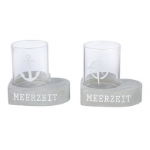 Maritimes Windlicht "Meerzeit" mit Glaseinsatz und Zementsockel Herz  zwei Variationen Kompassrose