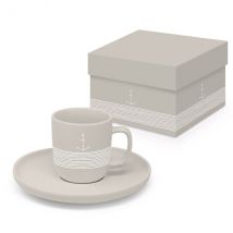 Maritime Esspressotasse mit Untertasse mit Anker in Taupe