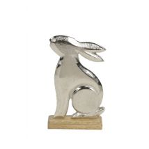 Dekoaufsteller sitzender Hase mit Ohren runter aus Aluminium auf Holzfuss - Mittel