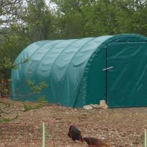 Abris de stockage robuste Ø 40 - Forme tunnel - 4 x 10,50m (42m2) - 2 portes battantes - Bâche PVC verte