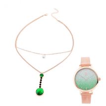 2er-Set - STRADA Uhr und Halskette mit grünem Kristall - 6 ct.