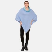 LA MAREY - Kaschmir Poncho mit Kunstfell Bordüre  Hellblau