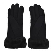 LA MAREY - Kaschmirwolle Handschuhe mit Kunstfell Bordüre   Schwarz