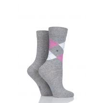 2 Pair Grey Everyday Mix Plain and Argyle Cotton Socks Ladies 2.5-6.5 Ladies - Burlington
