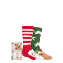 Boys and Girls 2 Pair Totes Chunky Christmas Novelty Slipper Socks with Pom Pom Detail Santa / Pudding 2-3 Years