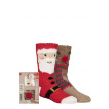 Boys and Girls 2 Pair Totes Chunky Christmas Novelty Slipper Socks with Pom Pom Detail Santa / Reindeer 2-3 Years