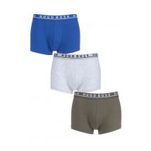 3 Pack Blue / Grey / Olive BOSS Plain Cotton Stretch Trunks Men's Small - Hugo Boss