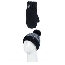 Kids 1 Pack SOCKSHOP Heat Holders Turn Over Pom Pom Hat & Mittens Black 3-6 Years