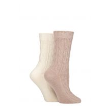 Women's 2 Pack Pringle Cashmere and Merino Wool Blend Luxury Socks Cable Knit Light Brown / Snow 4-8