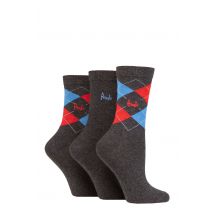 Women's 3 Pair Pringle Patterned Cotton and Recycled Polyester Socks Argyle Charcoal Red / Blue UK 4-8