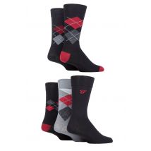 Mens 5 Pair Farah Patterned Striped and Argyle Cotton Socks Argyle Black / Berry 6-11 Mens