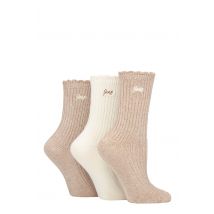 Women's 3 Pair Jeep Bamboo Scalloped Top Socks Taupe / Cream 4-8 Ladies
