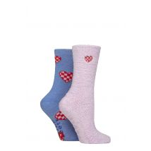Women's 2 Pair SOCKSHOP Wildfeet Embroidered Cosy Lounge Socks Checker Hearts 4-8