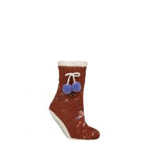 Women's 1 Pair Elle Chunky Sherpa Lined Cosy Moccasin Socks with Pom Pom Coral Blaze 4-8