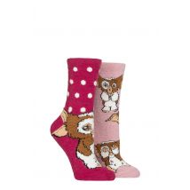 Women's 2 Pair Gremlins Cute Gizmo Fluffy Cosy Socks Pink 4-8 Womens