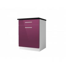 Meuble de cuisine bas 1 porte 60 cm TARA laqué 1 étagère 1 tiroir Aubergine
