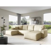 Canapé d'angle panoramique convertible LORIO en tissu aspect velours Beige