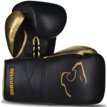 Bravose Elite Pro Lace Up Leather Sparring Boxing Gloves White - Black - Gold Black 12oz