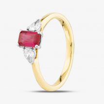 18ct Yellow Gold 0.63ct Emerald Cut Ruby &amp; 0.27ct Pear Cut Diamond Shoulder Set Solitaire Ring MQ8221