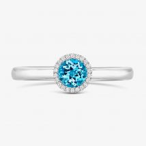 Tivon Classic 18ct White Gold 0.90ct Blue Topaz &amp; 0.08ct Brilliant Cut Diamond Halo Ring RW-1656-BT