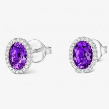Tivon Classic 18ct White Gold Oval Amethyst &amp; Diamond Cluster Stud Earrings EW-0872-AM