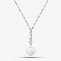 18ct White Gold Freshwater Pearl &amp; Five Diamond Drop Necklace POX80126DD