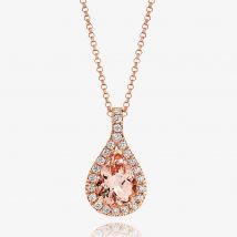 Tivon 18ct Rose Gold Pear-Cut Morganite &amp; Diamond Halo Pendant Necklace PR-1020-MG