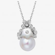 Fei Liu Alyssum 18ct White Gold Diamond 0.11ct &amp; Pearl Cluster Pendant ALY-750W-304-MPPL
