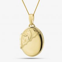9ct Yellow Gold Half Engraved Oval Locket Curb Chain Necklace GL22-HE
