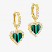 LUXE Silver Gold Plated Malachite &amp; Cubic Zirconia Heart Dropper Hoop Earrings 8.53.0021