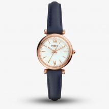 Fossil Ladies Carlie Rose Gold Plated Mother Of Pearl Dial Navy Blue Leather Strap Watch ES4502