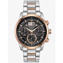 Bulova Mens Classic Stainless Steel Black Chronograph Dial Rose Gold Plated Two Tone Bracelet Watch 98B335