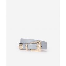 Blue Leather Western Buckle Belt In Gold With Rhinestones For Woman - The Kooples