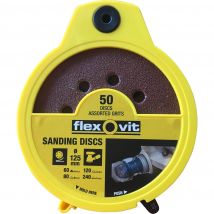 Flexovit 125mm Hook and Loop Sanding Disc Dispenser Pack 125mm Assorted Pack of 50